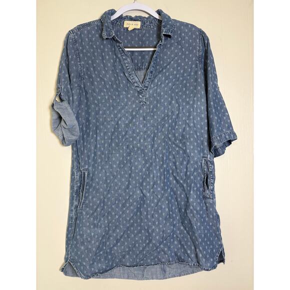 Cloth & Stone Medium Chambray Tencel Roll Button Sleeve Dot Tunic Mini Dress - Picture 1 of 4